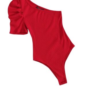SHEIN Ribbed One-Shoulder Red Bodysuit With Flutter Sleeve